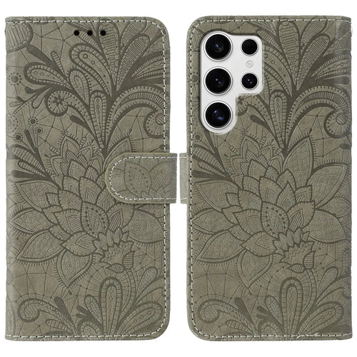 For Samsung Galaxy S26 Ultra Case Lace Flowers PU Leather Flip Wallet Phone Cover - Grey - 1