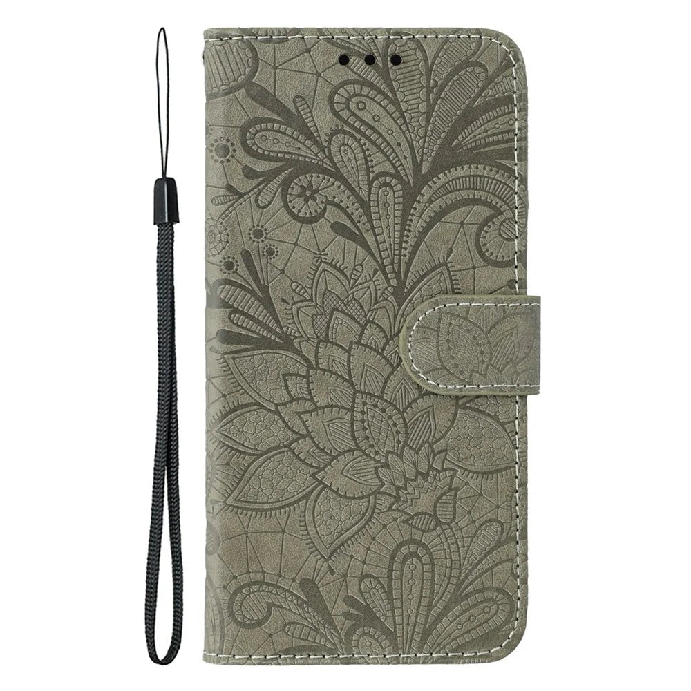For Samsung Galaxy S26 Ultra Case Lace Flowers PU Leather Flip Wallet Phone Cover - Grey - 4