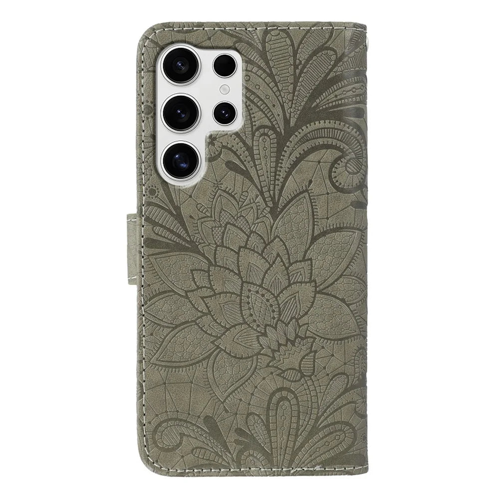 For Samsung Galaxy S26 Ultra Case Lace Flowers PU Leather Flip Wallet Phone Cover - Grey - 5