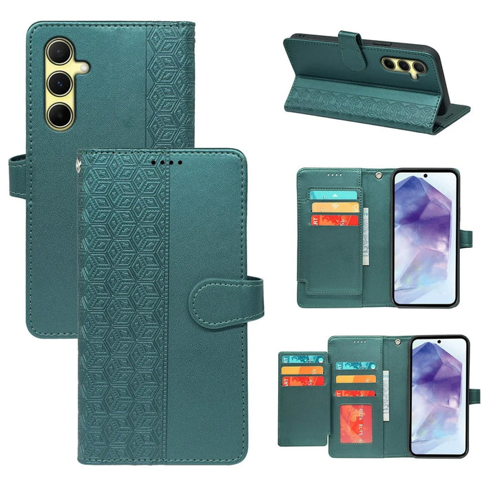 For Samsung Galaxy A37 5G Case with 9 Card Slots Checkered Pattern PU Leather Phone Cover - Green - 1