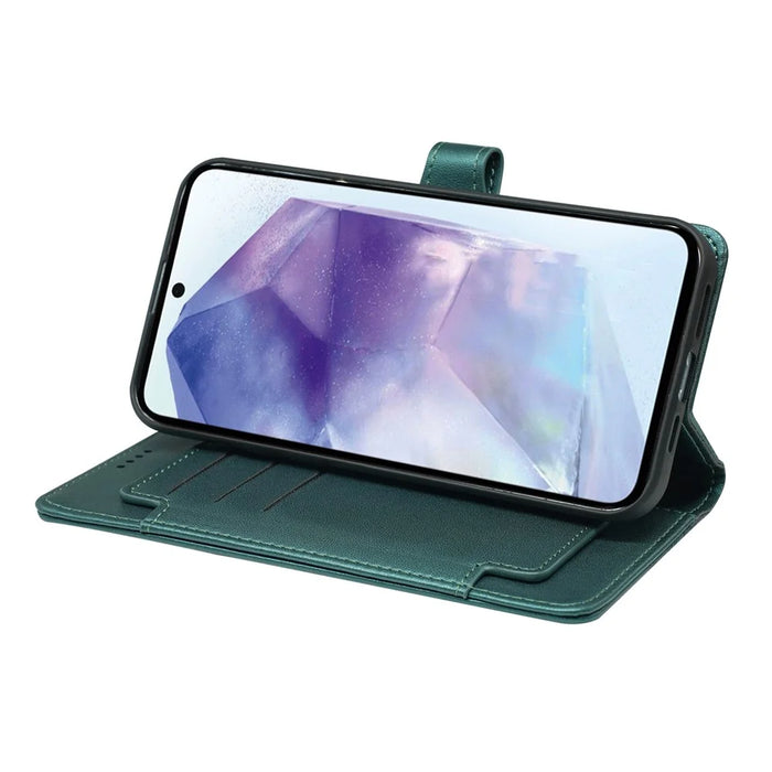 For Samsung Galaxy A37 5G Case with 9 Card Slots Checkered Pattern PU Leather Phone Cover - Green - 4
