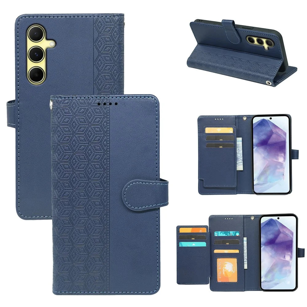 For Samsung Galaxy A57 5G Case with 9 Card Slots Checkered Pattern PU Leather Phone Cover - Blue - 1