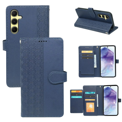 For Samsung Galaxy A57 5G Case with 9 Card Slots Checkered Pattern PU Leather Phone Cover - Blue - 1