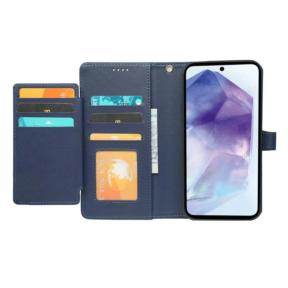 For Samsung Galaxy A57 5G Case with 9 Card Slots Checkered Pattern PU Leather Phone Cover - Blue - 3