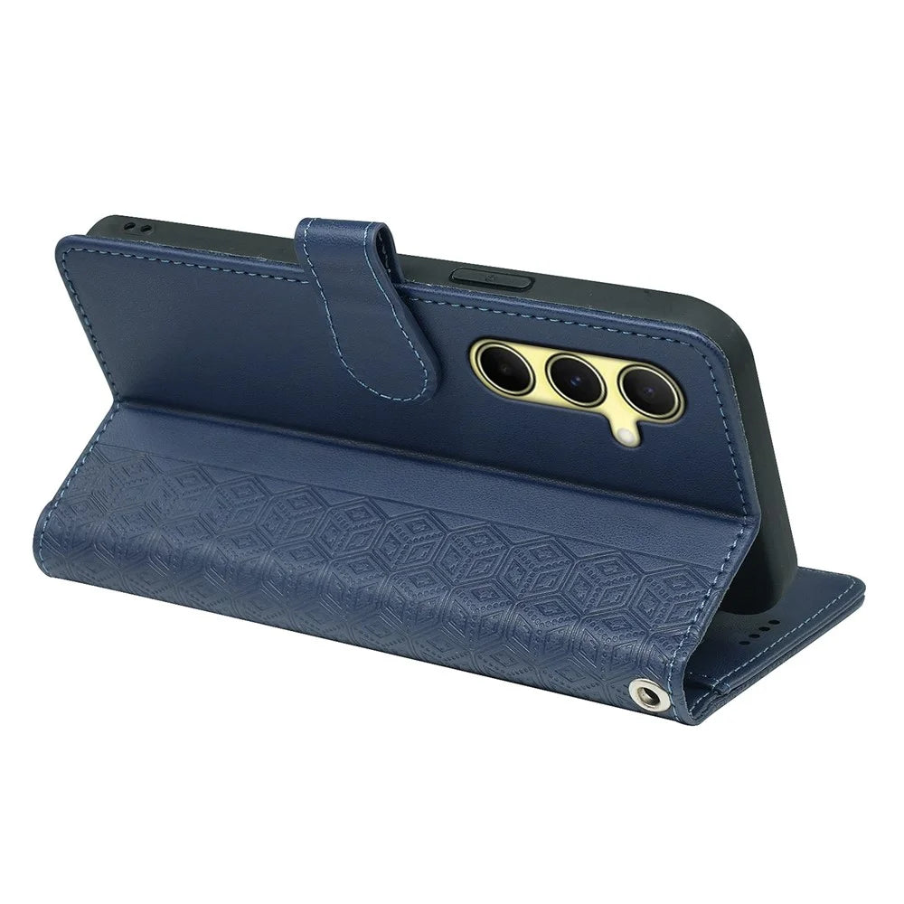 For Samsung Galaxy A57 5G Case with 9 Card Slots Checkered Pattern PU Leather Phone Cover - Blue - 5