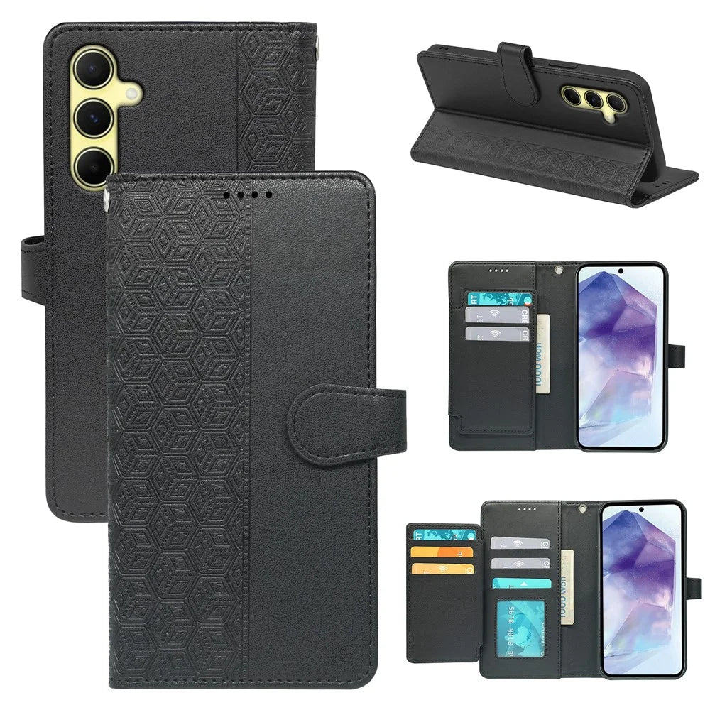 For Samsung Galaxy S26 Case with 9 Card Slots Checkered Pattern PU Leather Phone Cover - Black - 1