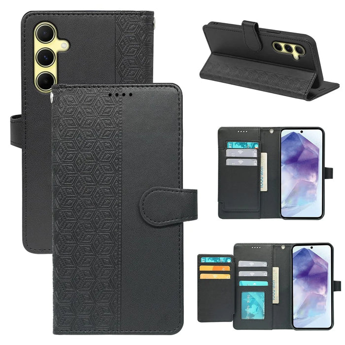 For Samsung Galaxy S26+ Case with 9 Card Slots Checkered Pattern PU Leather Phone Cover - Black - 1