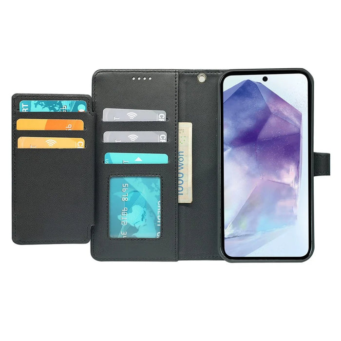For Samsung Galaxy S26+ Case with 9 Card Slots Checkered Pattern PU Leather Phone Cover - Black - 3