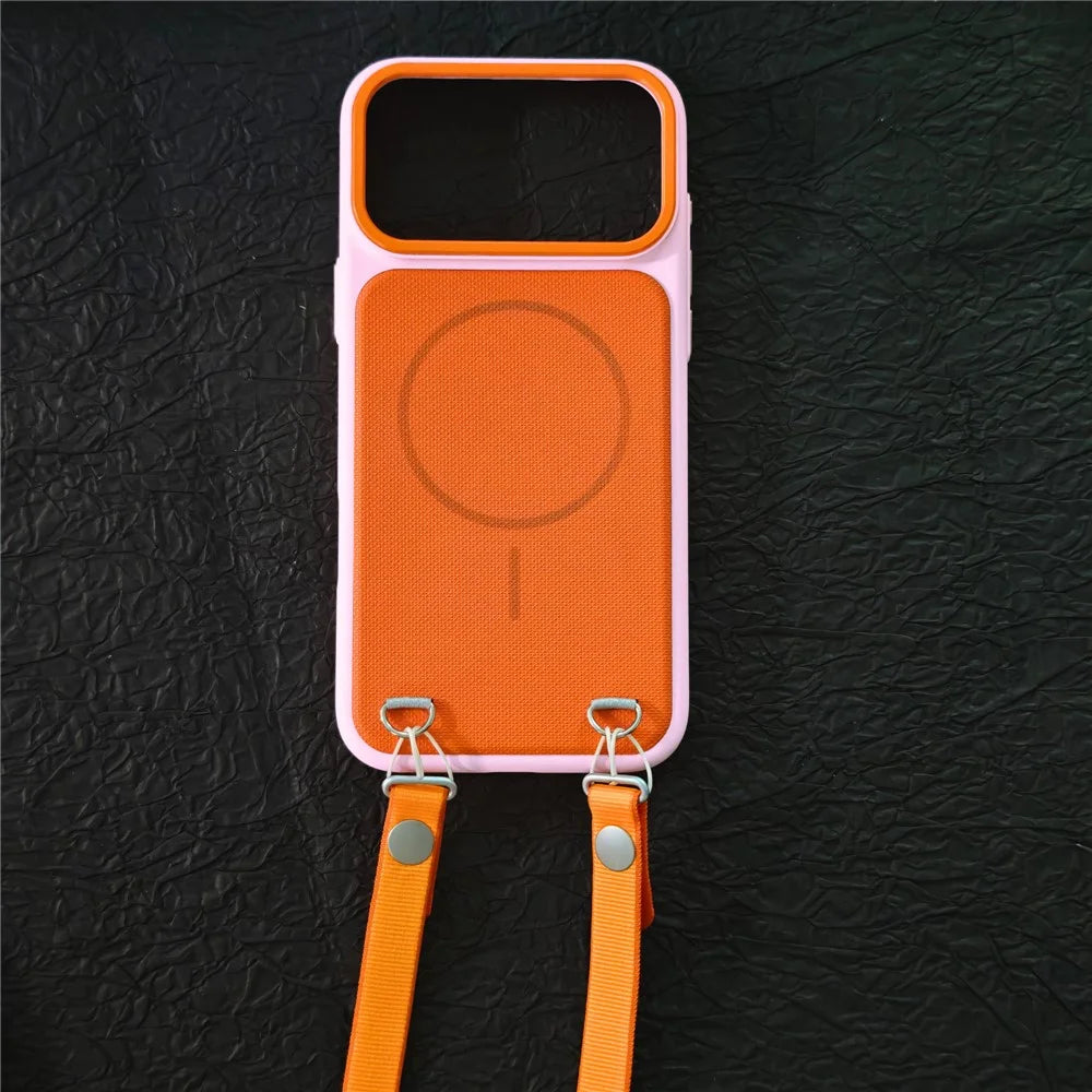 For iPhone 18 Pro / 17 Pro Case Compatible with MagSafe Skin Touch Synthetic Leather + PC Phone Back Cover with Card Slot - Orange - 5