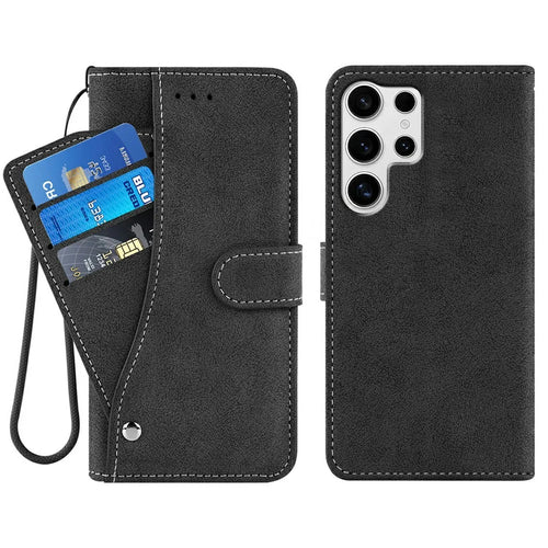 For Samsung Galaxy S26 Ultra Case Retro PU Leather Wallet Phone Cover with Rotating Card Slots Holder - Black - 1
