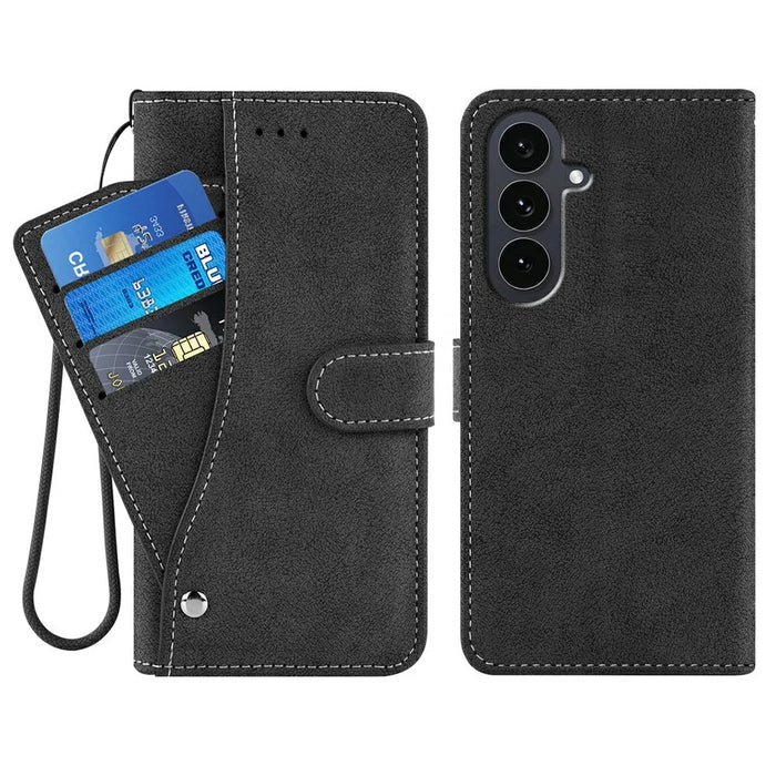 For Samsung Galaxy S26+ Case Retro PU Leather Wallet Phone Cover with Rotating Card Slots Holder - Black - 1