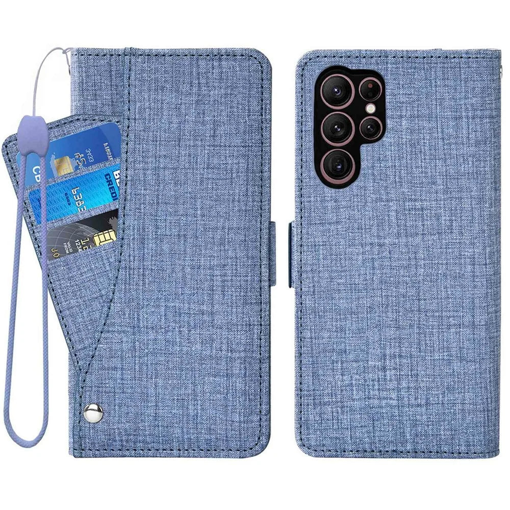 For Samsung Galaxy S26 Ultra Case Jean Cloth Texture PU Leather Wallet Phone Cover with Rotating Card Slots - Blue - 1