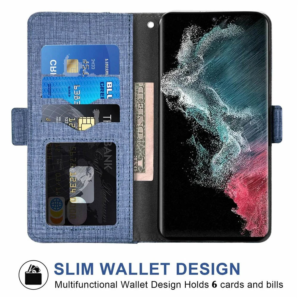 For Samsung Galaxy S26 Ultra Case Jean Cloth Texture PU Leather Wallet Phone Cover with Rotating Card Slots - Blue - 2