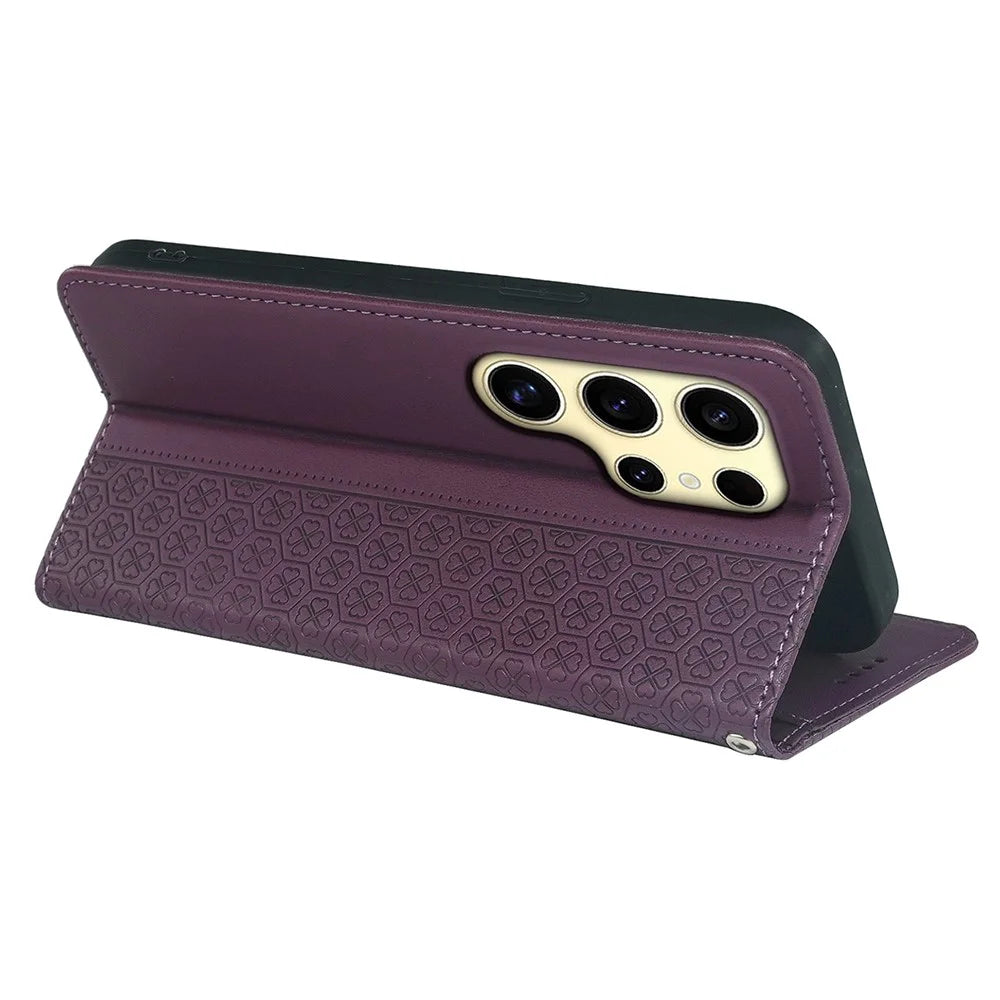 For Samsung Galaxy S26 Ultra Case Four Leaf Clover Leather Flip Phone Cover Stand Wallet - Dark Purple - 4