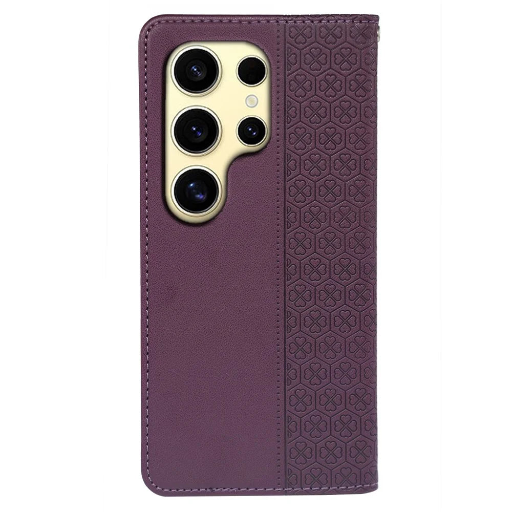 For Samsung Galaxy S26 Ultra Case Four Leaf Clover Leather Flip Phone Cover Stand Wallet - Dark Purple - 6
