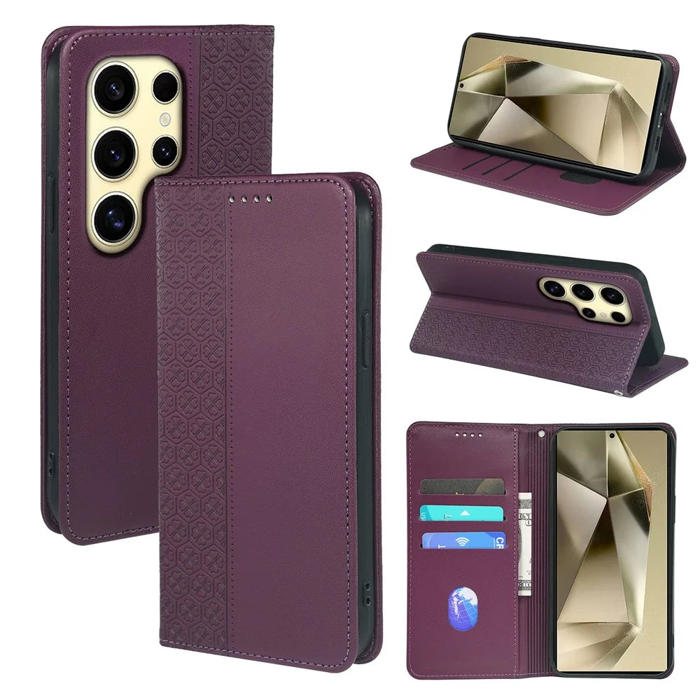 For Samsung Galaxy S26 Ultra Case Four Leaf Clover Leather Flip Phone Cover Stand Wallet - Dark Purple - 7