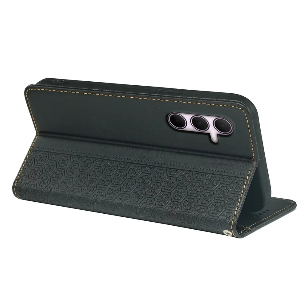 For Samsung Galaxy S26+ Case Four Leaf Clover Leather Flip Phone Cover Stand Wallet - Black - 4