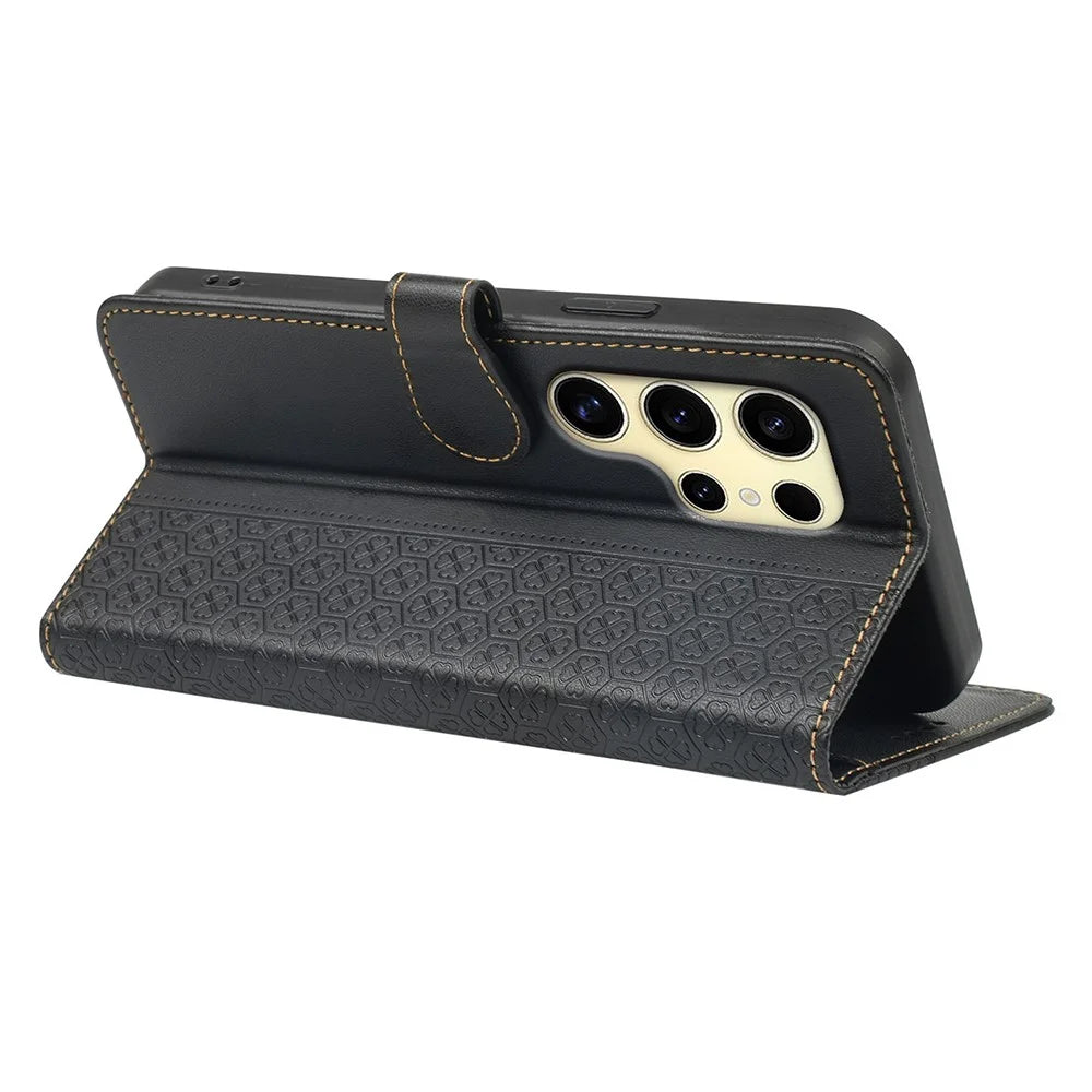 For Samsung Galaxy S26 Ultra Case Magnetic Clasp Four Leaf Clover Leather Phone Cover - Black - 4
