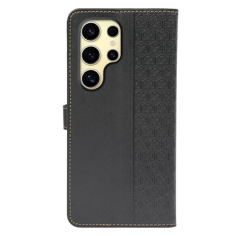 For Samsung Galaxy S26 Ultra Case Magnetic Clasp Four Leaf Clover Leather Phone Cover - Black - 6