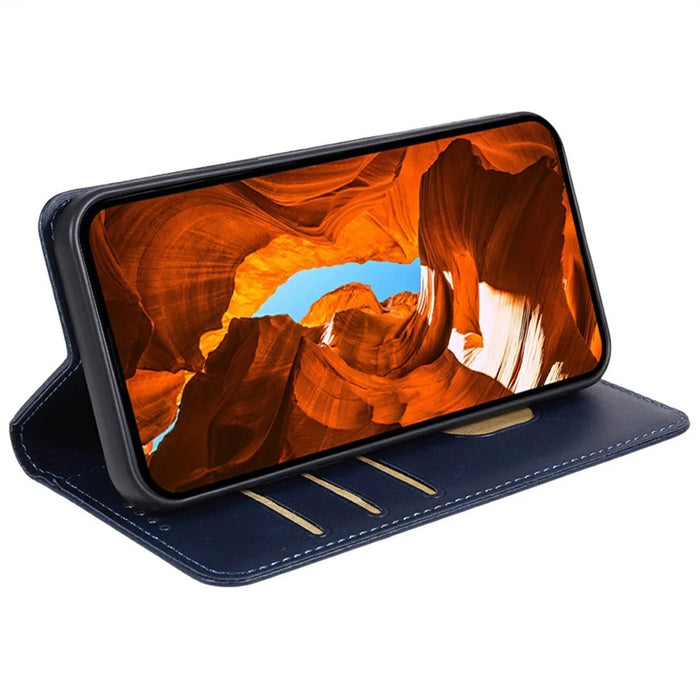 For Samsung Galaxy A27 5G Case Strong Magnetic PU Leather Phone Cover Calf Texture - Blue - 3