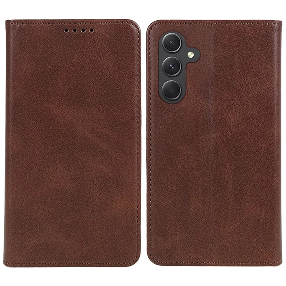 For Samsung Galaxy S26 Case Strong Magnetic PU Leather Phone Cover Calf Texture - Brown - 1