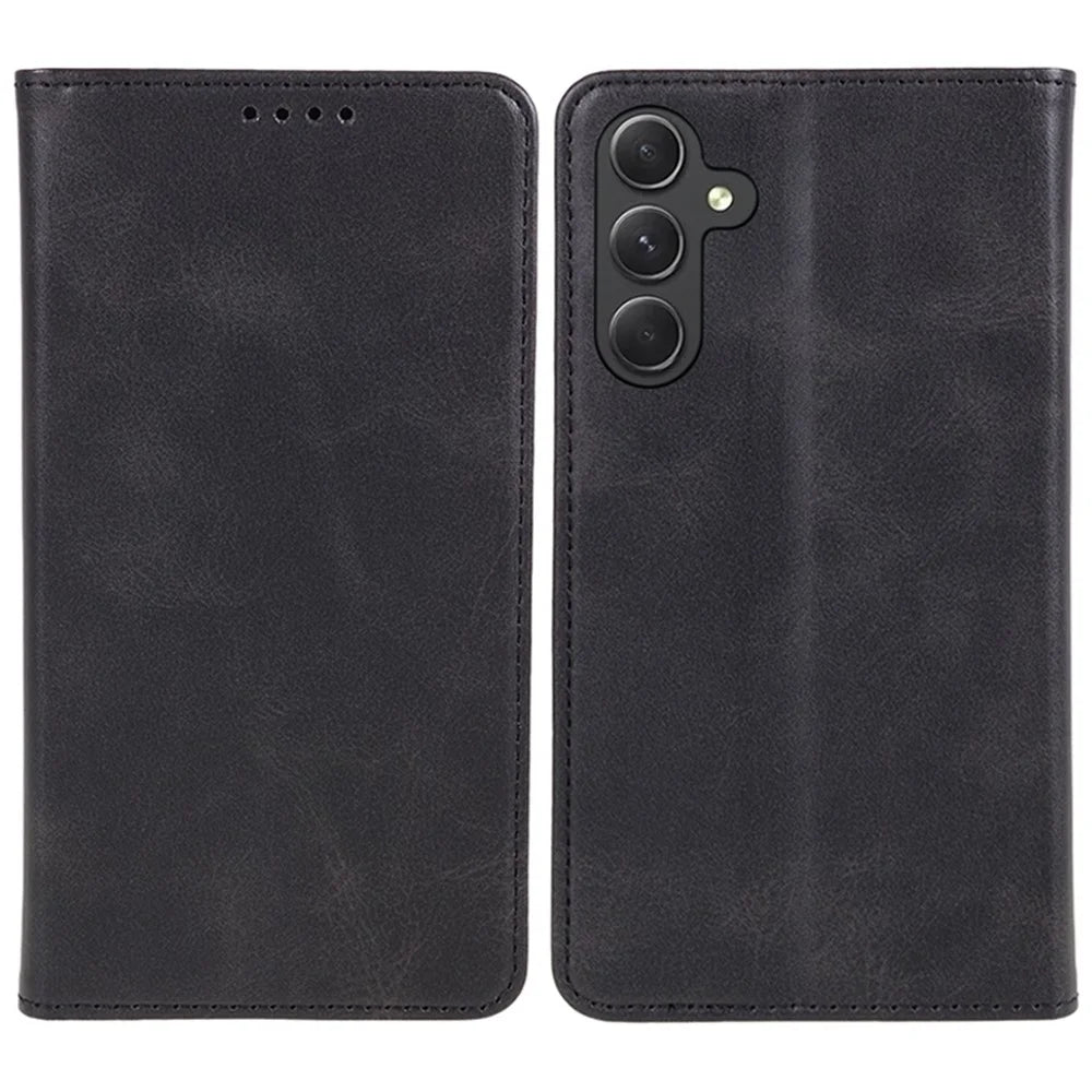 For Samsung Galaxy A57 5G Case Strong Magnetic PU Leather Phone Cover Calf Texture - Black - 1
