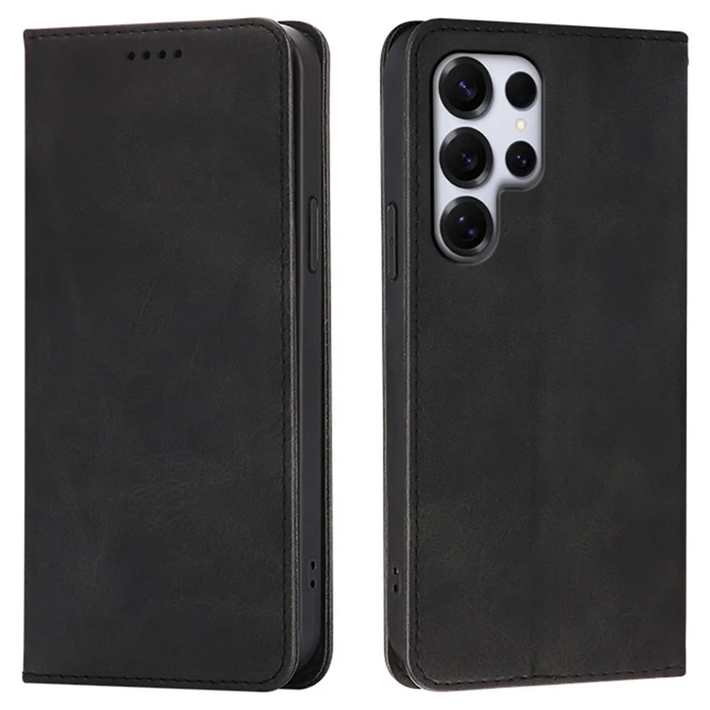 For Samsung Galaxy S26 Ultra Case Strong Magnetic PU Leather Phone Cover Calf Texture - Black - 1