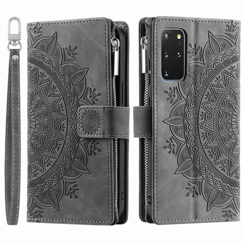 For Samsung Galaxy S20 Plus 4G / 5G Anti-scratch Phone Shell Zipper Pocket Mandala Flower Imprinted Multiple Card Slots Wallet PU Leather Stand Cover - Grey - 1