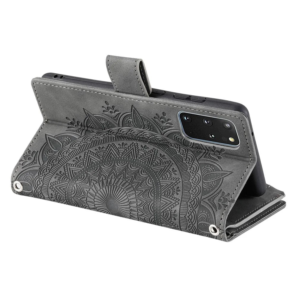 For Samsung Galaxy S20 Plus 4G / 5G Anti-scratch Phone Shell Zipper Pocket Mandala Flower Imprinted Multiple Card Slots Wallet PU Leather Stand Cover - Grey - 3