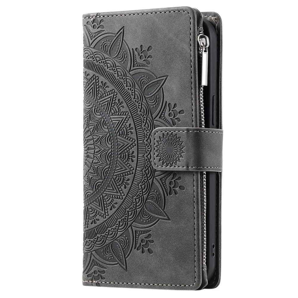 For Samsung Galaxy S20 Plus 4G / 5G Anti-scratch Phone Shell Zipper Pocket Mandala Flower Imprinted Multiple Card Slots Wallet PU Leather Stand Cover - Grey - 6