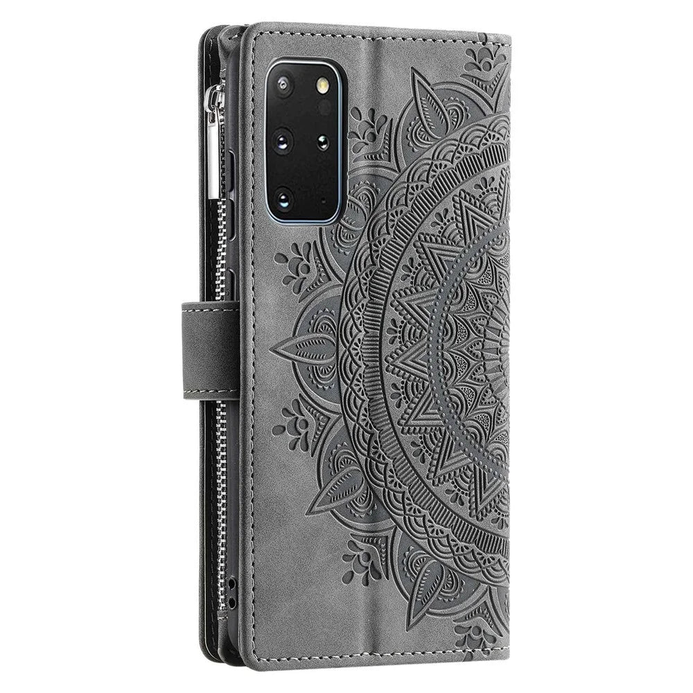 For Samsung Galaxy S20 Plus 4G / 5G Anti-scratch Phone Shell Zipper Pocket Mandala Flower Imprinted Multiple Card Slots Wallet PU Leather Stand Cover - Grey - 7
