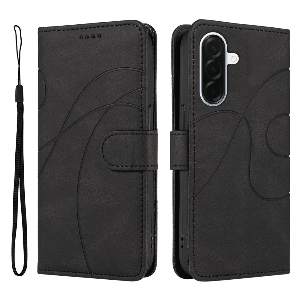 For Samsung Galaxy A37 5G Wallet Case Leather Phone Cover Stand with Curved Line Design -  Black - 1