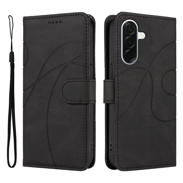 For Samsung Galaxy A37 5G Wallet Case Leather Phone Cover Stand with Curved Line Design -  Black - 1