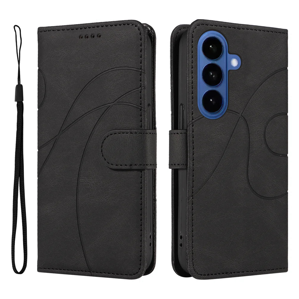 For Samsung Galaxy S26+ Wallet Case Leather Phone Cover Stand with Curved Line Design -  Black - 1