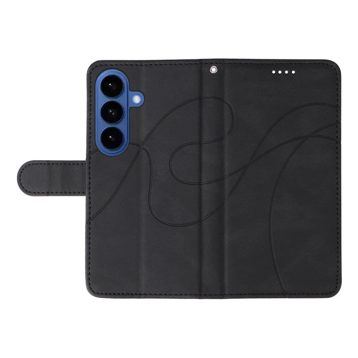 For Samsung Galaxy S26+ Wallet Case Leather Phone Cover Stand with Curved Line Design -  Black - 3