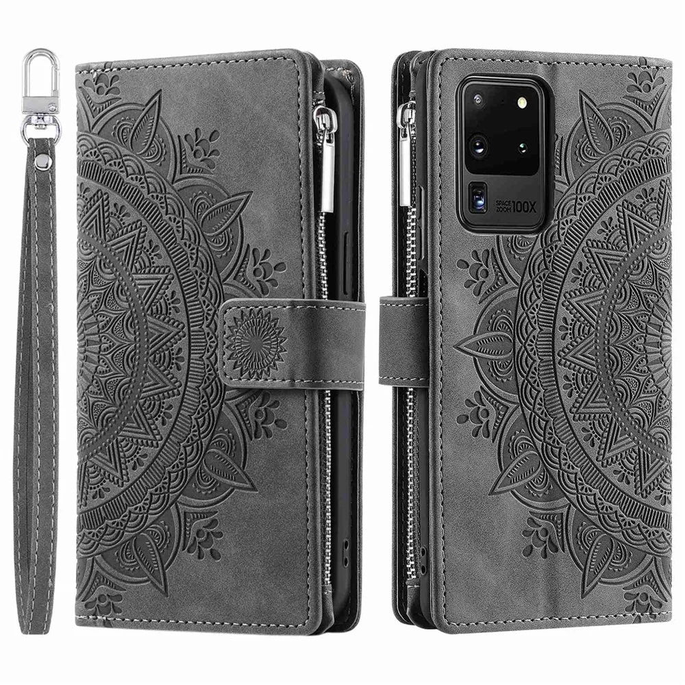 For Samsung Galaxy S20 Ultra Mandala Flower Imprinted  Zipper Pocket Phone Case PU Leather Stand Cover Multiple Card Slots Wallet - Grey - 1