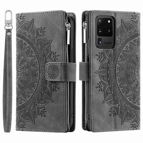 For Samsung Galaxy S20 Ultra Mandala Flower Imprinted  Zipper Pocket Phone Case PU Leather Stand Cover Multiple Card Slots Wallet - Grey - 1