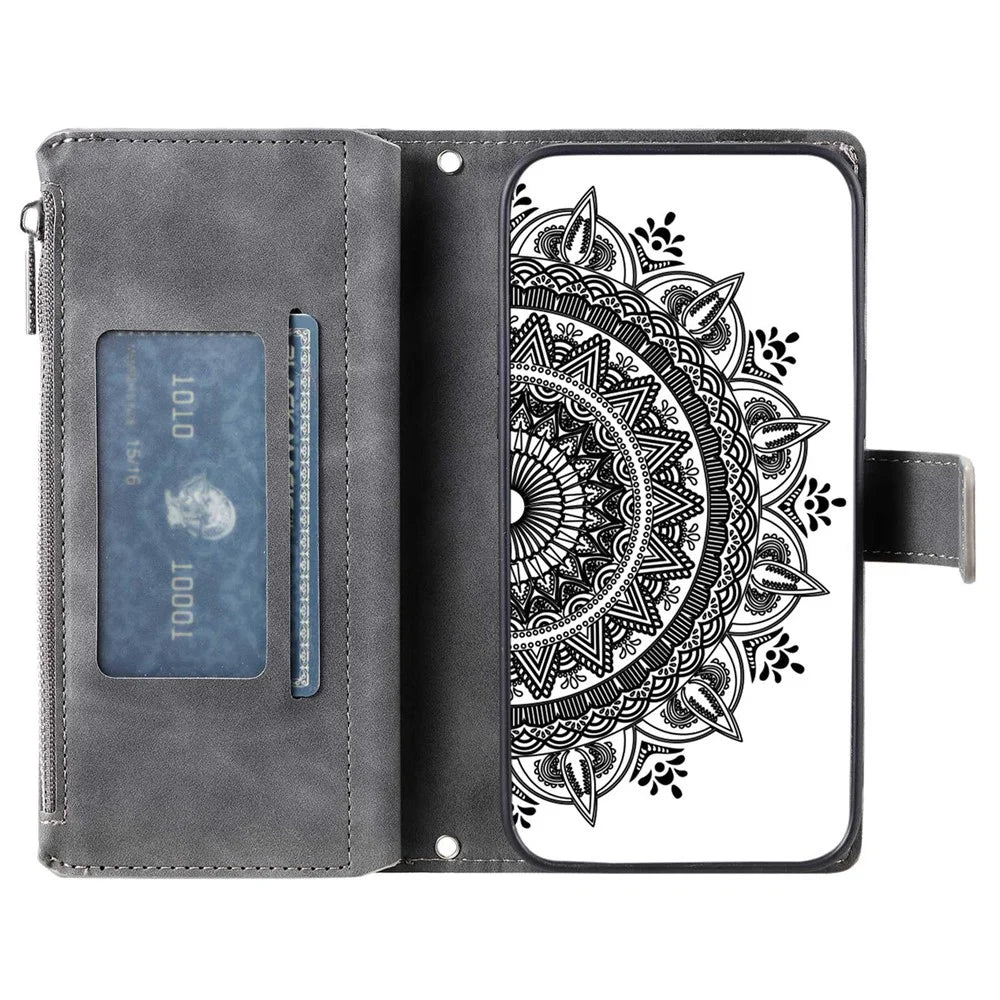 For Samsung Galaxy S20 Ultra Mandala Flower Imprinted  Zipper Pocket Phone Case PU Leather Stand Cover Multiple Card Slots Wallet - Grey - 2