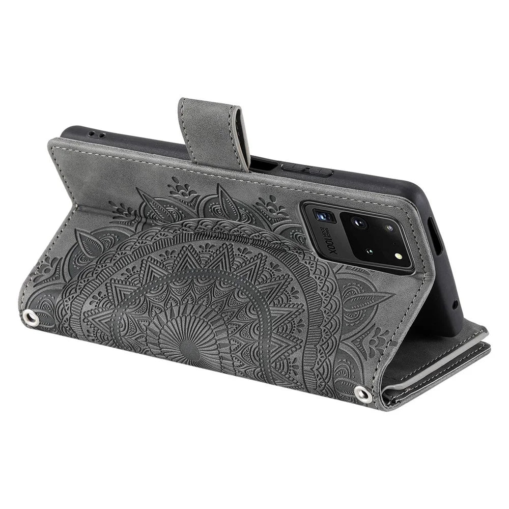 For Samsung Galaxy S20 Ultra Mandala Flower Imprinted  Zipper Pocket Phone Case PU Leather Stand Cover Multiple Card Slots Wallet - Grey - 3