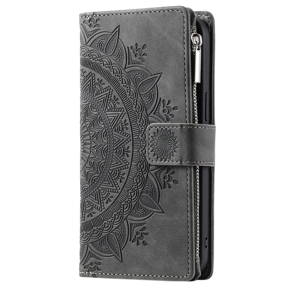 For Samsung Galaxy S20 Ultra Mandala Flower Imprinted  Zipper Pocket Phone Case PU Leather Stand Cover Multiple Card Slots Wallet - Grey - 6