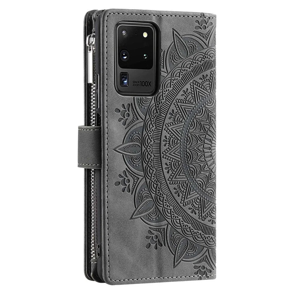 For Samsung Galaxy S20 Ultra Mandala Flower Imprinted  Zipper Pocket Phone Case PU Leather Stand Cover Multiple Card Slots Wallet - Grey - 7