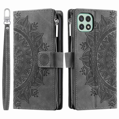 For Samsung Galaxy A22 5G (EU Version) Drop-proof Phone Case Zipper Pocket Wallet Mandala Flower Imprinted PU Leather Stand Cover Multiple Card Slots - Grey - 1