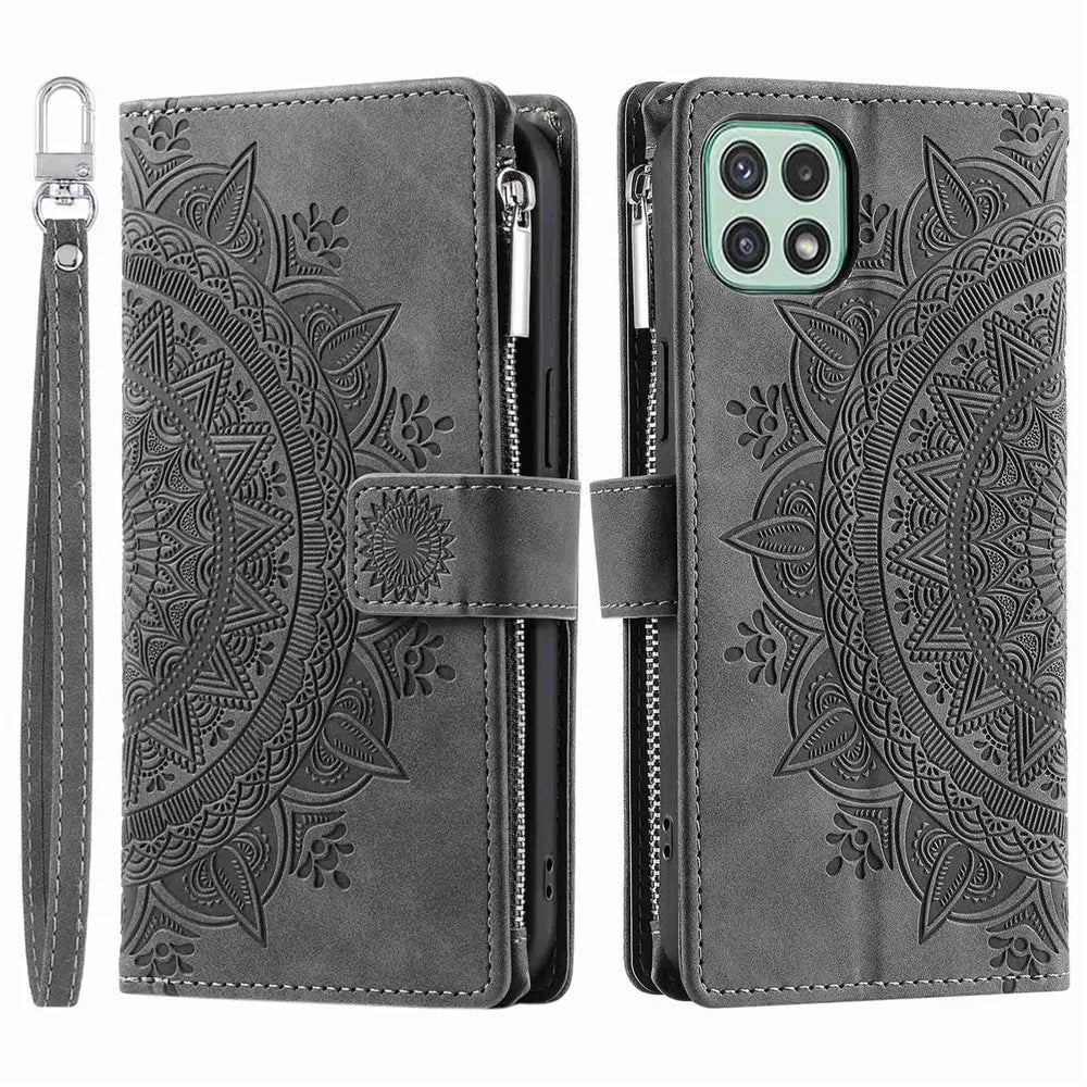 For Samsung Galaxy A22 5G (EU Version) Drop-proof Phone Case Zipper Pocket Wallet Mandala Flower Imprinted PU Leather Stand Cover Multiple Card Slots - Grey - 1