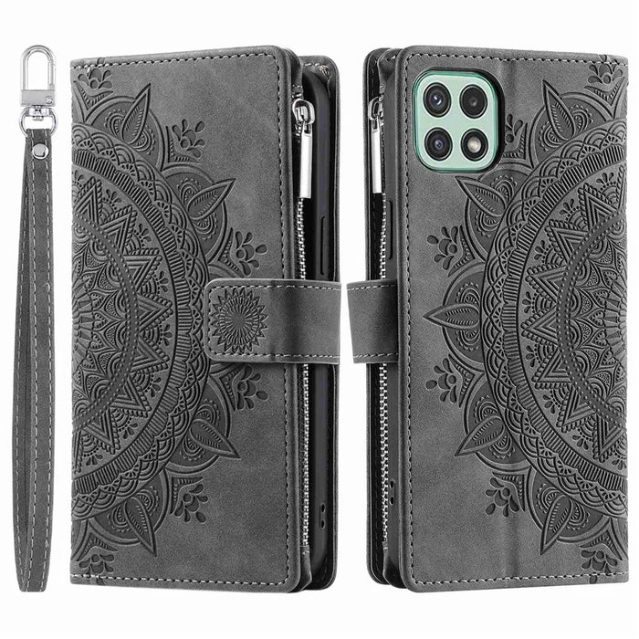 For Samsung Galaxy A22 5G (EU Version) Drop-proof Phone Case Zipper Pocket Wallet Mandala Flower Imprinted PU Leather Stand Cover Multiple Card Slots - Grey - 1