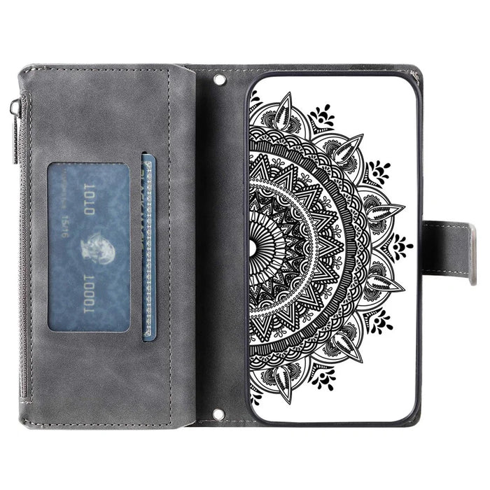 For Samsung Galaxy A22 5G (EU Version) Drop-proof Phone Case Zipper Pocket Wallet Mandala Flower Imprinted PU Leather Stand Cover Multiple Card Slots - Grey - 2