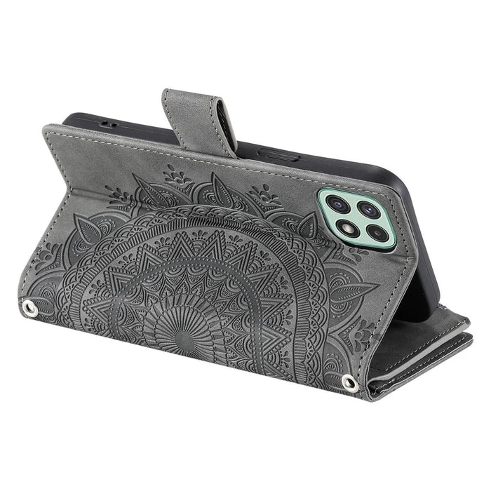For Samsung Galaxy A22 5G (EU Version) Drop-proof Phone Case Zipper Pocket Wallet Mandala Flower Imprinted PU Leather Stand Cover Multiple Card Slots - Grey - 3