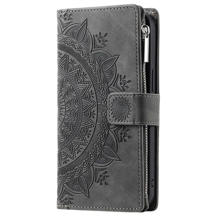 For Samsung Galaxy A22 5G (EU Version) Drop-proof Phone Case Zipper Pocket Wallet Mandala Flower Imprinted PU Leather Stand Cover Multiple Card Slots - Grey - 6