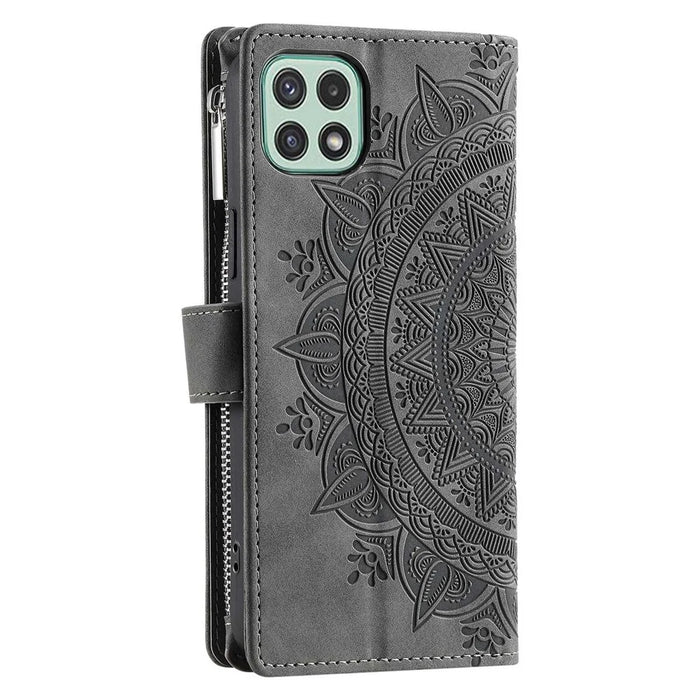 For Samsung Galaxy A22 5G (EU Version) Drop-proof Phone Case Zipper Pocket Wallet Mandala Flower Imprinted PU Leather Stand Cover Multiple Card Slots - Grey - 7