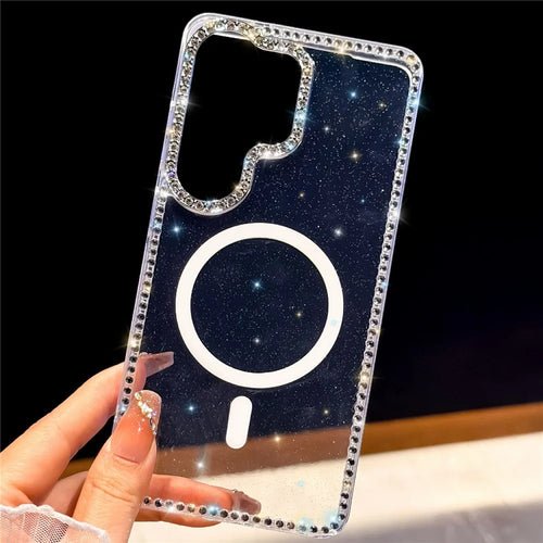 For Samsung Galaxy S25 Ultra Magnetic Case Rhinestone Edge Glitter Back TPU + PC IMD Phone Cover - Glitter Transparent - 1