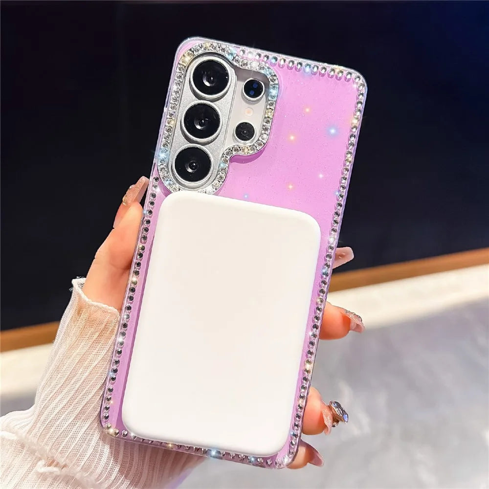 For Samsung Galaxy S24 Ultra Magnetic Case Rhinestone Edge Glitter Back TPU + PC IMD Phone Cover - Glitter Transparent - 2